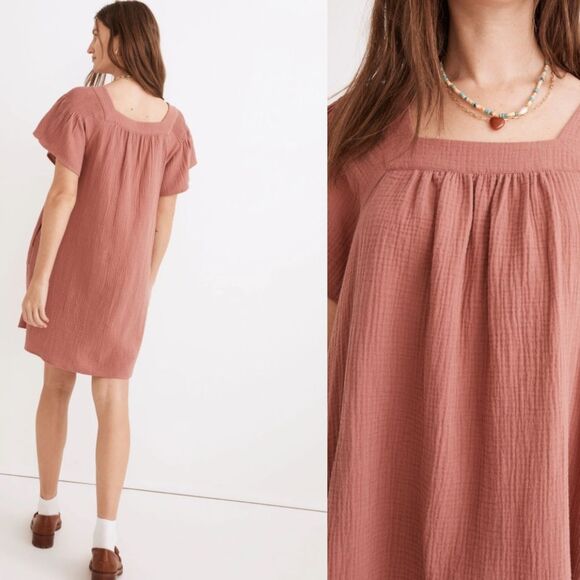 Madewell 100% Cotton Gauze Lightspun Butterfly Square Neck Mini Pink Dress Sz XS - Picture 2 of 8